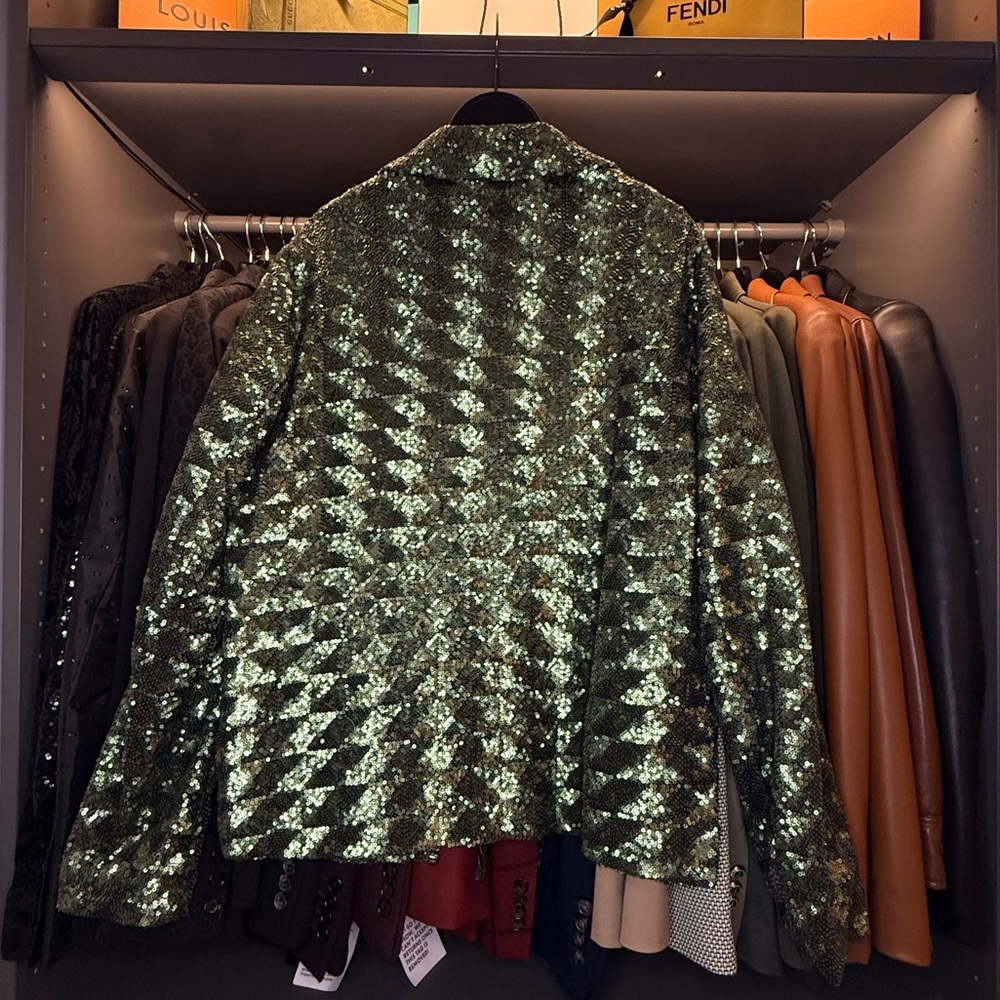 ASOS DESIGN Men’s Harrington Jacket in Green Sequin - Picture 2 of 6